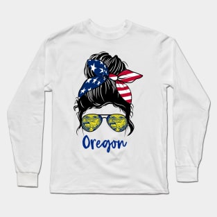 Oregon girl Messy bun , American Girl , Oregon Flag Long Sleeve T-Shirt